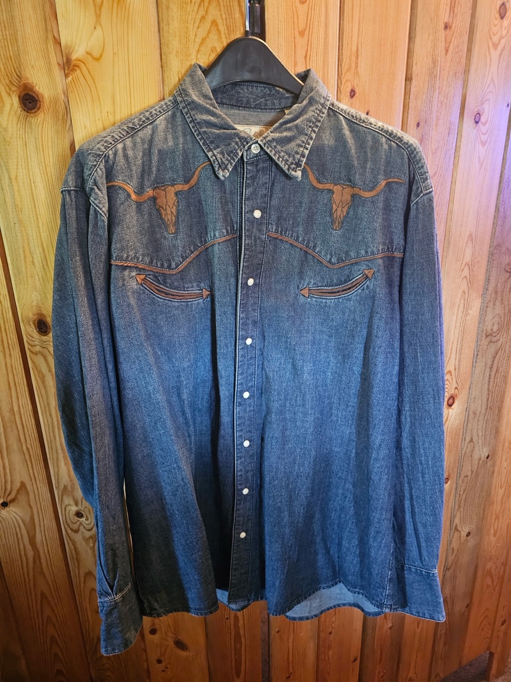 Roper Denim Western Shirt with Brown Longhorn Embroidery - Mens